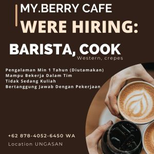 Lowongan Kerja sebagai Staff Barista dan Cook untuk My Berry Cafe penempatan di Ungasan, Badung