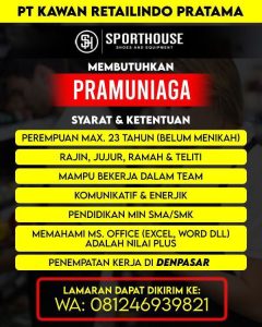Lowongan Kerja Sebagai Pramuniaga  untuk Sporthouse Penempatan di Denpasar