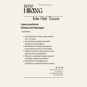 Lowongan Kerja Sebagai Restaurant Manager untuk Toro Sushi Penempatan di Ubud, Gianyar