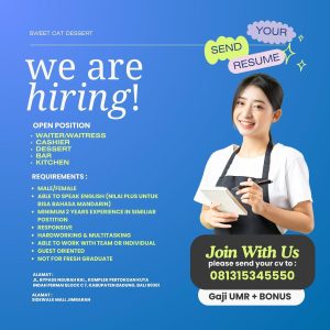 Lowongan Kerja Sebagai Waiter/Waitress, Kasir, Dessert, Bar dan Kitchen untuk Sweet Cat Dessert Penempatan di Badung