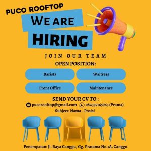 Lowongan Kerja Sebagai Barista, Front Office, Waitress, Maintenance untuk Puco Rooftop Penempatan di Canggu, Badung