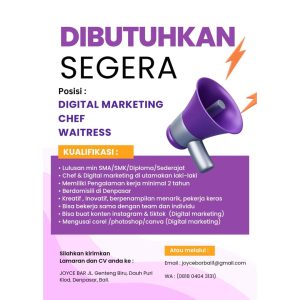 Lowongan Kerja Sebagai Digital Marketing, Chef dan Waiterss untuk Joyce Bar Bali Penempatan di Denpasar