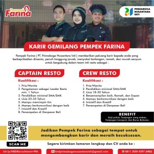 Lowongan Kerja Sebagai Captain Resto, Crew Resto untuk Pempek Farina Penempatan di Denpasar