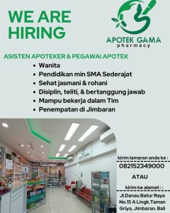 Lowongan Kerja Sebagai Asisten Apoteker & Pegawai Apotek untuk Apotek Gama Pharmacy Penempatan di Jimbaran, Badung