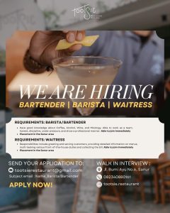 Lowongan Kerja Sebagai Bartender, Barista dan Waitress untuk Tootsie Restaurant Penempatan di Sanur, Denpasar