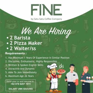 Lowongan Kerja Sebagai Barista, Pizza Maker, Waiter/ss untuk Fine Coffee Penempatan di Canggu, Badung
