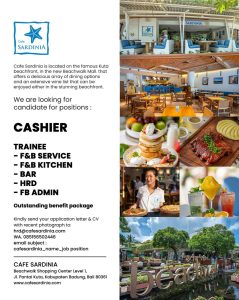 Lowongan Kerja Sebagai Cashier, Trainee F&B Service, F&B Kitchen, Bar, HRD, FB Admin untuk Cafe Sardinia Penempatan di Kuta, Badung