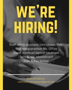 Lowongan Kerja Sebagai Staff Admin Akuntansi untuk Benih Cafe Penempatan di Badung