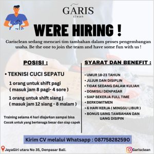 Lowongan Kerja Sebagai Teknisi Cuci Sepatu untuk Garisclean Penempatan di Denpasar