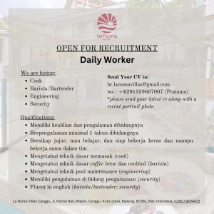 Lowongan Kerja Sebagai Daily Worker Cook, Barista / Bartender, Engineering, Security untuk La Numa Villas Penempatan di Canggu, Badung