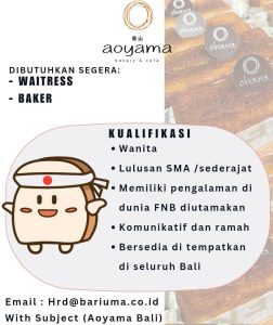 Lowongan Kerja Sebagai Waitress dan Baker untuk Aoyama Bakery & Cafe Penempatan di Berawa, Badung