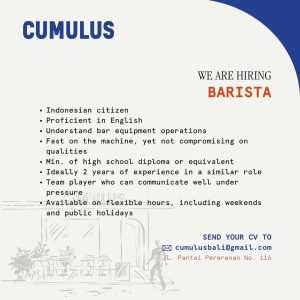 Lowongan Kerja Sebagai Barista untuk Cumulus Restaurant Penempatan di Pererenan, Badung