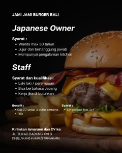 Lowongan Kerja Sebagai Japanese Owner, Staff untuk Jami Jami Burger Bali Penempatan di Denpasar