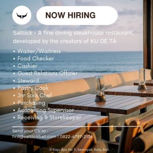 Lowongan Kerja Sebagai Waiter/ss, Food Checker, Cashier, Guest Relations Officer, Steward, Dll untuk Saltlick Penempatan di Seminyak, Badung