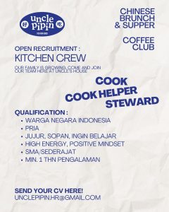 Lowongan Kerja Sebagai Cook, Cook Helper, Steward, Barista, Server, Cashier untuk Uncle Pipin Penempatan di Legian, Badung