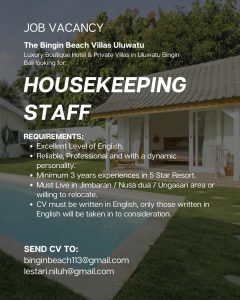 Lowongan Kerja Sebagai Housekeeping, Pool Attendant, Part Time Gardener untuk The Bingin Beach Villas Uluwatu Penempatan di Badung