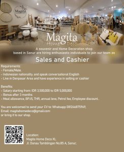 Lowongan Kerja Sebagai Sales, Kasir untuk Magita Home Deco Penempatan di Sanur, Denpasar 