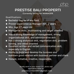 Lowongan Kerja Sebagai Manager untuk Prestise Bali Properti Penempatan di Jimbaran, Badung