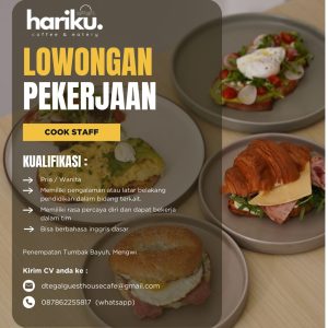 Lowongan Kerja Sebagai Cook Staff untuk Hariku Coffee & Eatery Penempatan di Mengwi, Badung