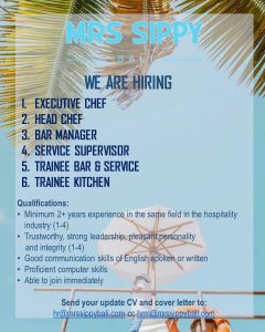 Lowongan Kerja Sebagai Executive Chef, Head Chef, Bar Manager, Service Spv, Trainee Bar & Service dan Kitchen untuk Mrs Sippy Bali Penempatan di Seminyak, Badung