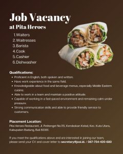 Lowongan Kerja Sebagai Waiters, Waitress, Barista, Cook, Cashier, Dishwasher untuk Pita Heroes Penempatan di Kerobokan, Badung