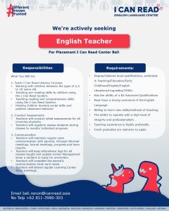 Lowongan Kerja Sebagai English Teacher untuk I Can Read Penempatan di Denpasar