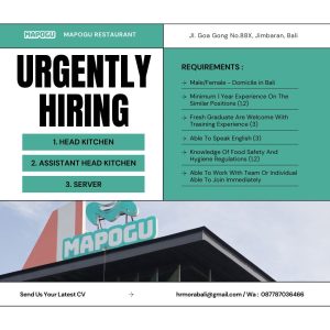 Lowongan Kerja Sebagai Head Kitchen, Assistant Head Kitchen, Server untuk Mapogu Restaurant Penempatan di Jimbaran, Badung