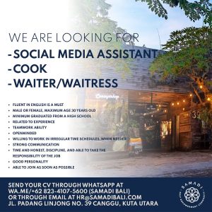 Lowongan Kerja Sebagai Social Media Assistant, Cook, Waiter/Waitress untuk Samadi Bali Penempatan di Canggu, Badung