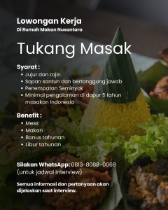 Lowongan Kerja Sebagai Tukang Masak untuk Rumah Makan Nusantara Penempatan di Seminyak, Badung 