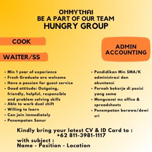 Lowongan Kerja Sebagai Cook, Waiter/Waitress, Admin Accounting untuk Oh My Thai Penempatan di Bali