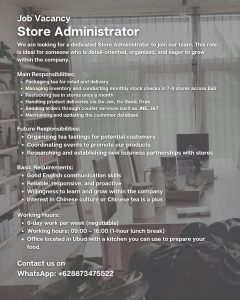 Lowongan Kerja Sebagai Store Administrator untuk Penempatan di Ubud, Gianyar