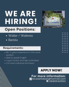 Lowongan Kerja Sebagai Waiter/Waitress dan Barista untuk La Casetta Penempatan di Kerobokan, Badung
