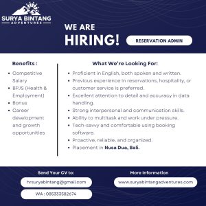 Lowongan Kerja Sebagai Account Receivable, Cashier, Reservation Admin, Purchasing, Front Office untuk Surya Bintang Adventures Penempatan di Bali