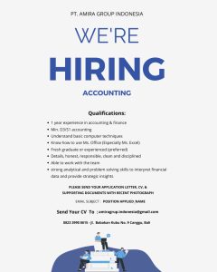 Lowongan Kerja Sebagai Accounting untuk PT.Amira Group Indonesia Penempatan di Canggu, Badung