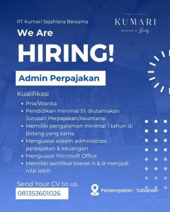 Lowongan Kerja Sebagai Admin Perpajakan untuk KUMARI Cosmetic Penempatan di Tabanan