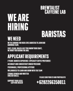 Lowongan Kerja Sebagai Baristas untuk BREWTALIST CAFFEINE LAB Penempatan di Kerobokan, Badung