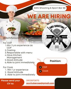 Lowongan Kerja Sebagai CDP, Cook untuk AMV Shooting & Sport Bar 88 Penempatan di Kuta, Badung