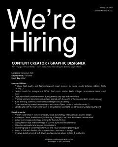 Lowongan Kerja Sebagai Content Creator / Graphic Designer, Social Media & Digital Marketing, Dll untuk Bounjour Bali Penempatan di Denpasar