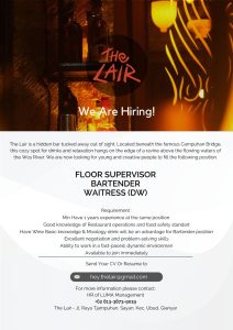 Lowongan Kerja Sebagai Floor Supervisor, Bartender, Daily Worker Waitress untuk The Lair Penempatan di Ubud, Gianyar 