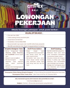 Lowongan Kerja Sebagai Graphic Designer Toko, Staff Press Sablon, Staff Gudang untuk Cititex Penempatan di Bali