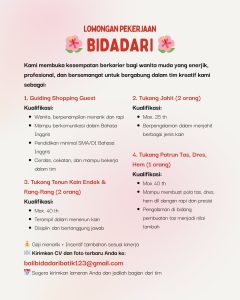 Lowongan Kerja Sebagai Guiding Shopping Guest, Tukang Jahit, Tukang Tenun, Tukang Patrun untuk Bali Bidadari Batik Penempatan di Denpasar