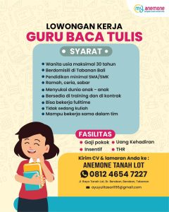 Lowongan Kerja Sebagai Guru Baca Tulis untuk Anemone Tanah Lot Penempatan di Tabanan