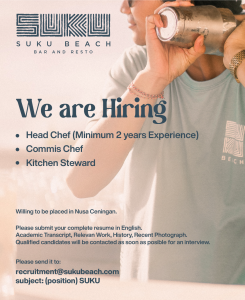 Lowongan Kerja Sebagai Head Chef, Commis Chef, Kitchen Steward untuk Suku Beach Bar and Resto Penempatan di Nusa Ceningan, Klungkung
