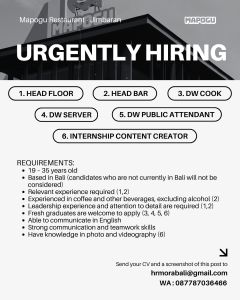 Lowongan Kerja Sebagai Head Floor, Head Bar, Daily Worker Cook, Server, dan Public Attendant, Internship Content Creator untuk Mapogu Restaurant Penempatan di Jimbaran, Badung