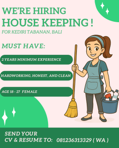 Lowongan Kerja Sebagai Housekeeping untuk Penempatan di Kediri, Tabanan