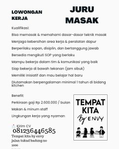 Lowongan Kerja Sebagai Juru Masak untuk Tempat Kita by ENVY Penempatan di Denpasar