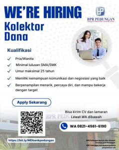 Lowongan Kerja Sebagai Kolektor Dana Kredit untuk BPR Pedungan Penempatan di Denpasar
