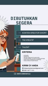 Lowongan Kerja Sebagai Konten Kreator Short, Tim Kreatif, Talent untuk Dista Mikhayla Penempatan di Bali