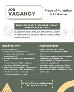 Lowongan Kerja Sebagai Male Procurement & Purchasing Specialist Contruction Materials,  Male 3D Artist - Real Estate, Dll  untuk Piece of Paradise Penempatan di Badung