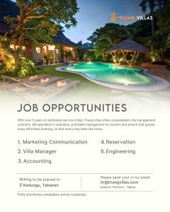 Lowongan Kerja Sebagai Marketing Communication, Villa Manager, Accounting, Reservation, Engineering untuk Triang Villas Penempatan di Tabanan